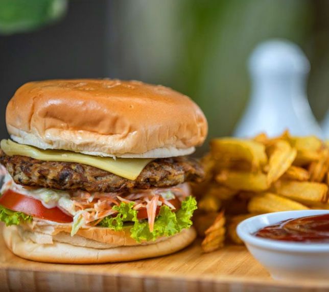 Gourmet beef burger with cheese, fresh coleslaw, lettuce, and thick-cut fries with ketchup.