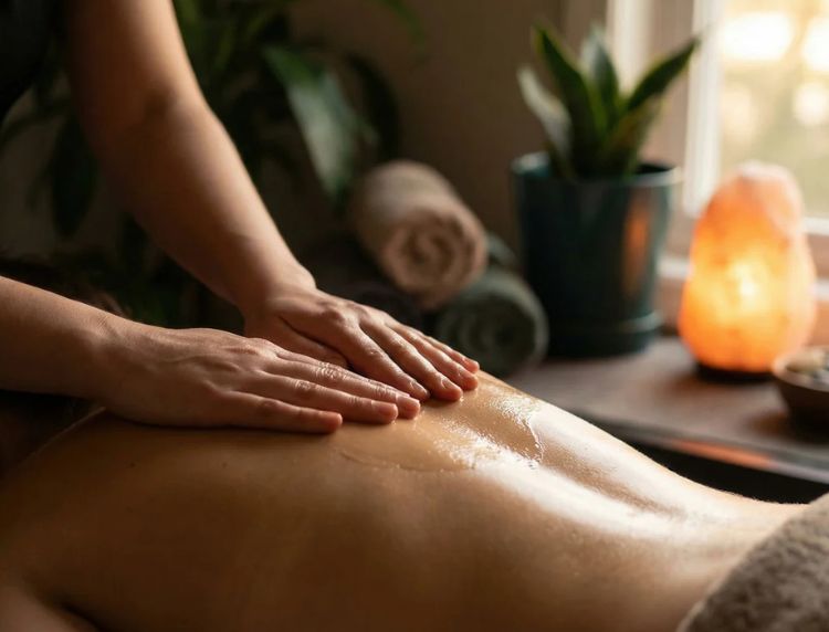 Close-up of hands applying essential oil during a back massage near a glowing salt lamp.